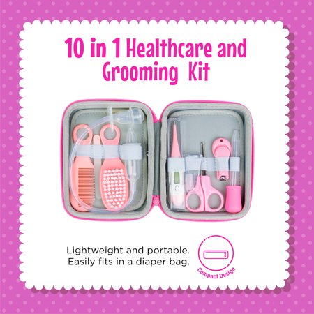 KAILEXBABY Portable Baby Healthcare and Grooming Kit, Nail Clippers, Hair Brush, Comb, Scissors for Girls - Pink, Pink, 10-Piece, Girls