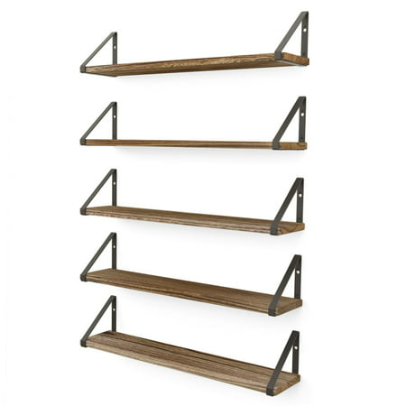 Wallniture Ponza 24" Wall Mounted Rustic Floating Shelf with Brackets for Kitchen Living Room Bedroom, Natural Burned, Set of 5Natural Burned,