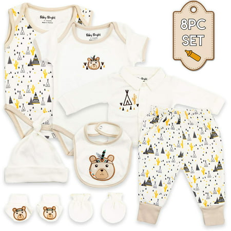 Newborn Baby Boy Casual Clothes Essentials Layette 8 Pieces Set Starter Outfit Kit for Infant - Ideal Gift for New Mom Baby Shower Stuff 0-3 months, Off-White, 0-3 Months