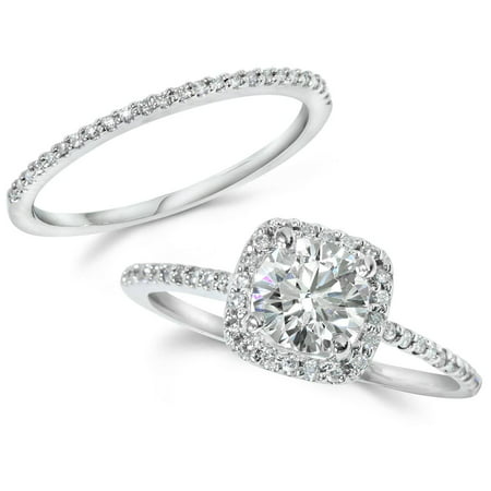 1CT Diamond Engagement Ring Cushion Halo Wedding Ring Set 14K White Gold, White Gold, 5.5