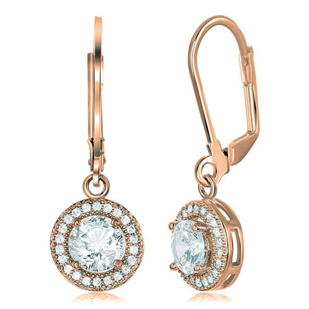 Juliana 18k Rose Gold Round Cut CZ Halo Drop Earrings, Dangling Crystal Round Cut Earring Set for Women, Cubic ZIrconia Halo Rose Gold Earrings, Wedding Anniversary Jewelry MSRP - $150Rose Gold,