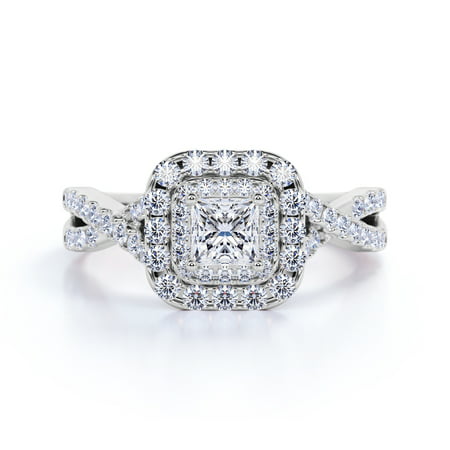Elegant 1 Carat - Square Cut Diamond - Twisted Band - Pave - Double Halo Engagement Ring - 10K White GoldWhite Gold,