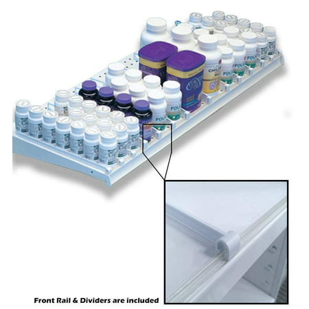 Retail Shelf Divider for RX, Pharmacy, Gondola, Wood or Glass Shelves - 10 48" L Front Rails & 200 6" D Dividers, 10 Rails, 200 Dividers