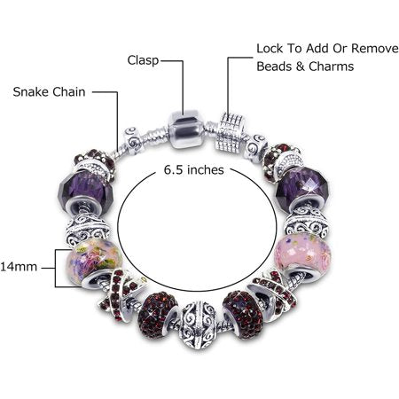 Savlano Silver Tone Charm Bracelet With Purple Crystal And Murano Glass Beads Snake Chain For Women & Girls