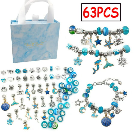 Dicasser 63 Pieces Jewelry Making Kit DIY Arts Crafts for Kids Age 6-10 Years Old, Charm Bracelet Making Supplies Beads, Girl Birthday Party Game ChildrenBlue,