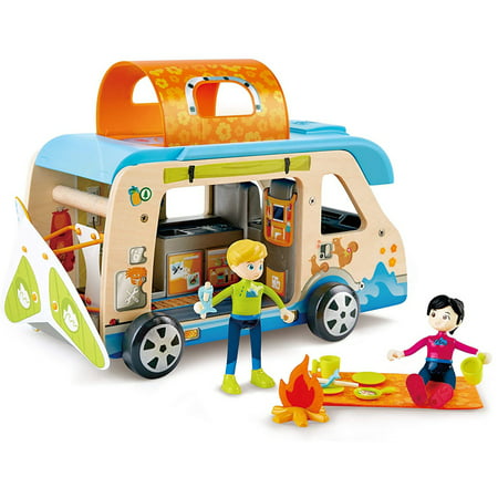 Hape Adventure Van 23 Piece Wooden Camper Toy Set for Kids 3 Years and Up