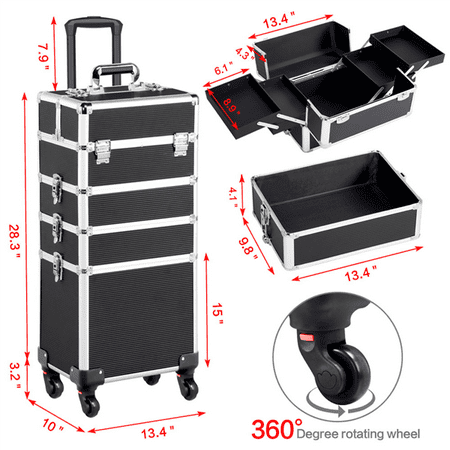 Yaheetech 4in1 Makeup Train Case , 4 Removable Wheels, BlackBlack,