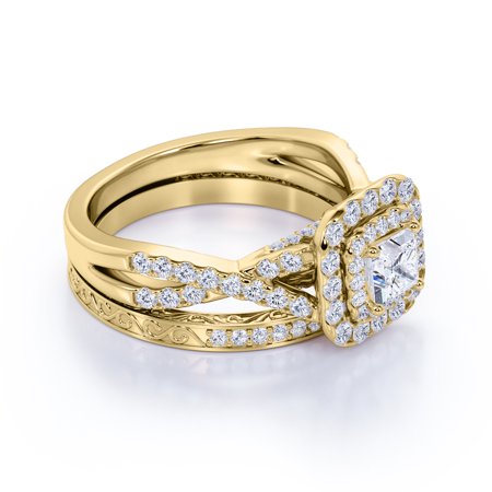 1.25 ct - Square Moissanite - Double Halo - Twisted Band - Vintage Inspired - Pave - Wedding Ring Set in 10K Yellow Gold, 9