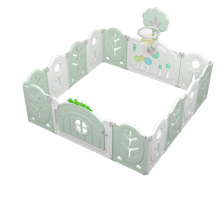 Foldable Baby Playpen Center Play Yard w/ Game Wall and Lock Door and Basketball Hoop (Green)