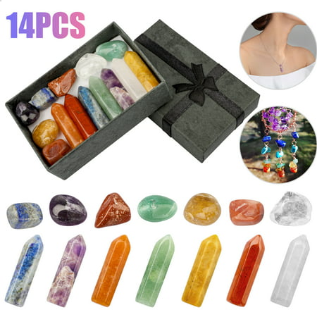 14pcs Healing Stones Set, EEEkit Chakra Crystal Kit Natural Therapy Stone w/Gift Box Include 7 Raw Tumbled Chakra Stones & 7 Hexagonal Pendant Wand Points for Necklace Jewelry Making, Meditation YogaD,