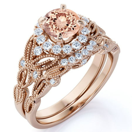 1.50 Carat Round Cut created morganite and Diamond Halo Bridal Ring Set in Solid 10K Rose Gold