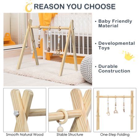 Foldable Wooden Baby Gym with 3 Wooden Baby Teething Toys Hanging Bar Natural