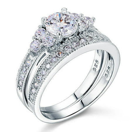 1.50 Carat Round Cut Moissanite Wedding Set - Bridal Set - Cluster Ring - Classic Ring - 18k White Gold Over Silver, 8