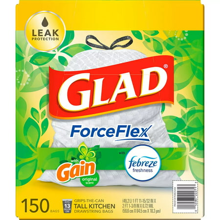 Glad Force Flex Drawstring White Trash Bags, Original Scent with Febreze Freshness, 13 Gallon, 150 Count