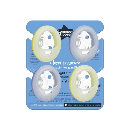 Tommee Tippee Breast-Like Pacifier Night, Glow in the Dark, Skin-Like Texture, Symmetrical Design, BPA-Free Binkies, 6-18m, 4-Count, Blue/YellowBlue,