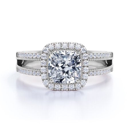.63 ct Cushion Cut Real Diamond - Vintage Style - Engagement Ring - Split Shank - Halo Ring - 10K White Gold, 7