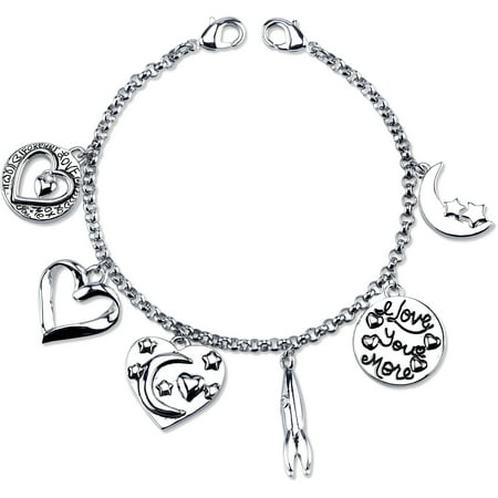 Little Luxuries Stainless Steel Love Multi Charm Link Bracelet, 7.5"Silver,