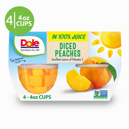 Dole Fruit Bowls Yellow Cling Diced Peaches in 100% Fruit Juice, 4 Oz Bowls, 4 Cups of Fruit
