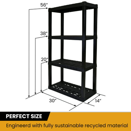 Hyper Tough 56" H x 14" D x 30" W 4 Shelf Plastic Garage Shelves, Pack of 2 Storage Shelving Units, Black 400 lbs Capacity