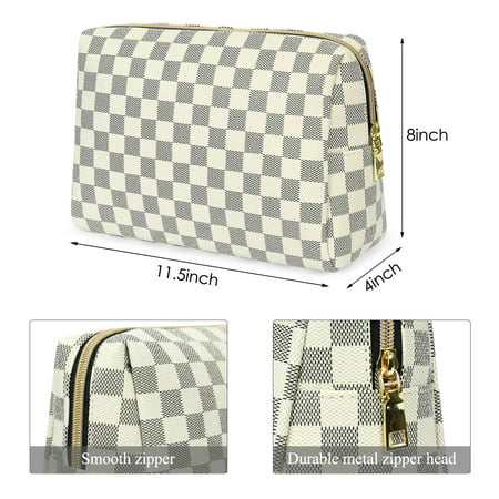 Travel Makeup Bag, Large Cosmetic Bag Checkered Makeup Organizer Case for Women and Girls (Beige)Beige,