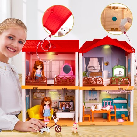 UNIH Dollhouse for 3 4 5 6 7 Year Old Girls, Princess Dream House Toys with Furniture Lights and Music