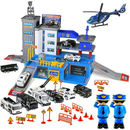Police Car Toys for Boys - Matchbox Cars Playsets - Parking Lot Car Toys with Matchbox Track, Garage, 6 Police Car Toy Vehicles, 2 Police Men, 1 Helicopter - ToysicalBlue,