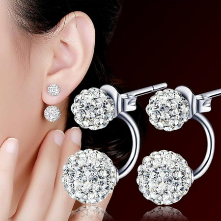 1 Pair Women Jewelry Silver Double Beaded Rhinestone Crystal Stud Earrings HFONAs shown,