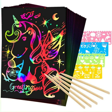 Mocoosy 60Pcs Scratch Art Paper for Kids, Rainbow Magic Scratch Off Paper Art Craft Kit Black Scratch Sheets with 4 Stencils 5 Wooden Stylus for Birthday Party Favors Game Activities Easter Gifts