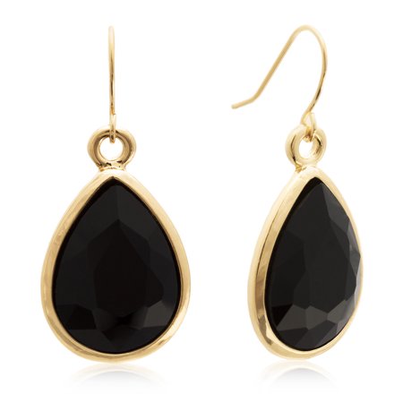 SuperJeweler 18 Carat Pear Shape Black Onyx Crystal Earrings, Gold Overlay for Women