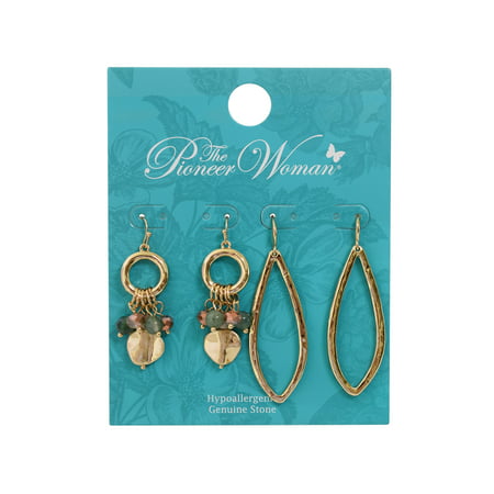 The Pioneer Woman - Women's Jewelry, Gold-tone Drop Duo Earring Set with Semi-Precious and Glass Beads