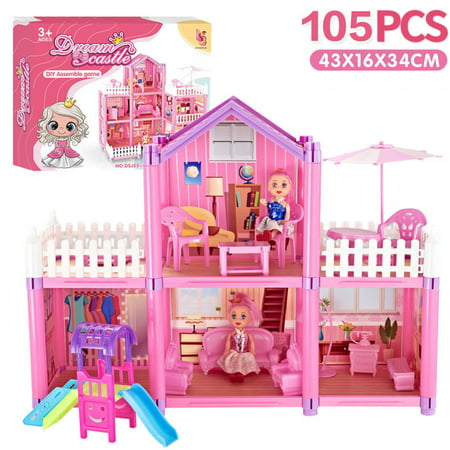SainSpeed Doll house princess castle girl villa set children play house simulation assembled toy birthday gift 105-piece set105 piece set,