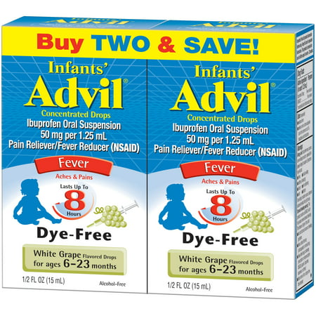 Infants' Advil? Concentrated Drops Fever Reducer/Pain Reliever (Ibuprofen) in Dye-Free White Grape Flavor 50mg 2-0.5 fl. oz. Boxes