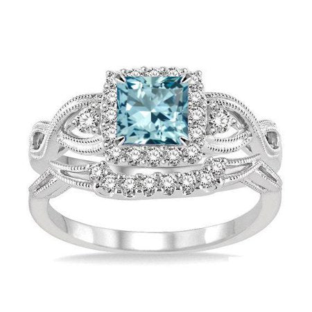 Filigree 1.25 Carat Princess Cut Created Aquamarine and Moissanite Wedding Ring Set in 18k White Gold over Silver, 7