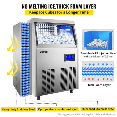 VEVORbrand Commercial Ice Maker 80 - 90 lbs/24H,Ice Machine with 33 lbs Storage Bin, Clear Cube, Advanced LCD Panel, Auto Operation, Blue Light, Fully Upgrade, 80-90lbs/24h