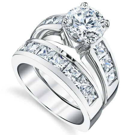 Women's Sterling Silver Bridal Set 2ct. Engagement Wedding Ring Round Princess-Cut Cubic Zirconia