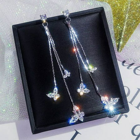 KABOER 1 Pair Shiny Butterfly Artificial Crystal Drop Earring Simple Butterfly Tassel Dangle Earrings For Women Jewelry GiftsSilver,