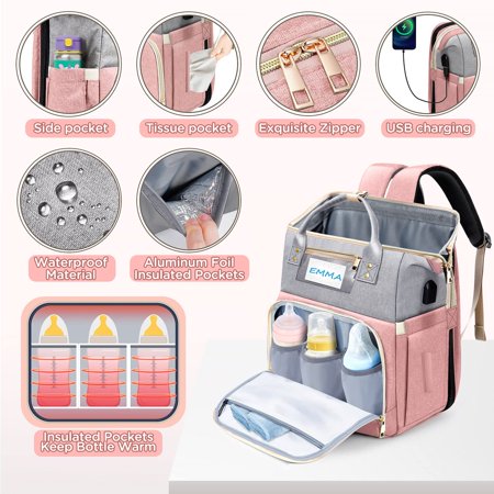 Diaper Bag Backpack, Campmoy 8 in 1 Large Diaper Bag with Changing Station, 900D Oxford Waterproof Diaper Bag with Unique Toy Hanging Rod Bassinet for Boys Girl(Pink)Pink,