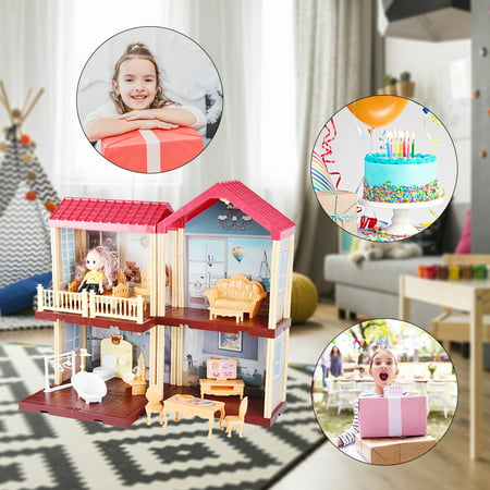 SUNLIKE Toys Dollhouse for 3-8 Years Girls | 113 Pcs 2-Level DIY Doll House Playset Toy with Sweet Fashion Dolls & 4 Rooms & Furniture Home Decoration & LED Light for Kids Toddlers Gift