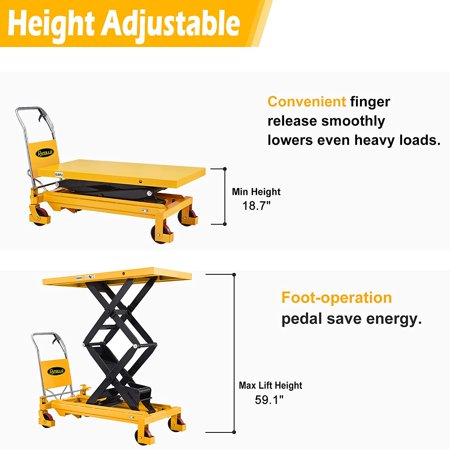 APOLLOLIFT Manual Lift Table Cart Hydraulic Double Scissors 59.1" Lifting 1760lbs Capacity, 59.1" Lifting hight & 1760lb Capacity