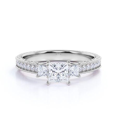 Classic 0.50 Carat Princess Cut Diamond - Vintage - Beaded - Three Stone - Victorian Engagement Ring in 10K White Gold