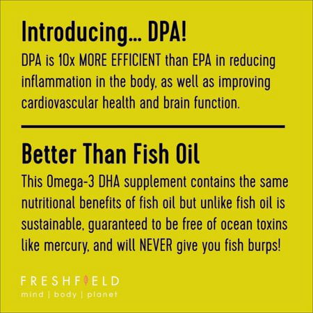 Freshfield Vegan Omega 3 DHA Supplement: 2 Month Supply. Premium Algae Oil, Plant Based, Sustainable, Mercury Free. Better Than Fish Oil! Supports Heart, Brain, Joint Health - DPA for Men & Women