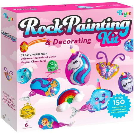 BRYTE Rock Painting Kit for Kids with Unicorn Horns, Mermaid Tails and Butterfly Accessories - Includes Step-by-Step Rock Art Lessons for Girls and Boys All Ages, Great GiftMagical Creatures,