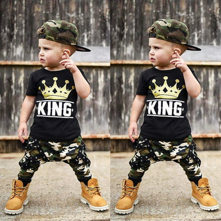 Newborn Kids Baby Boys Tops T-shirt Camo Pants Boys 2PCS Outfits Set Clothes 0-5Years, Black, 0-6 Months