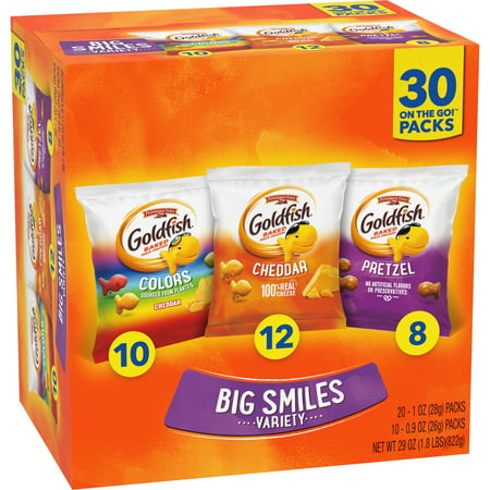 Goldfish Crackers Big Smiles with Cheddar, Colors, and Pretzel Crackers, Snack Pack, 30 CT Variety Pack Box