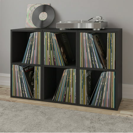 Way Basics 2 Tier Vinyl Storage Box Cube, LP Record Album Turntable Stand, BlackBlack,