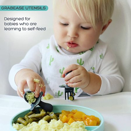 Grabease Baby and Toddler Self-Feeding Utensils ? Spoon and Fork Set for Baby-Led Weaning ? Made of Non-Toxic Plastic ? Featuring Protective Barriers to Prevent Choking and GaggingLavender,