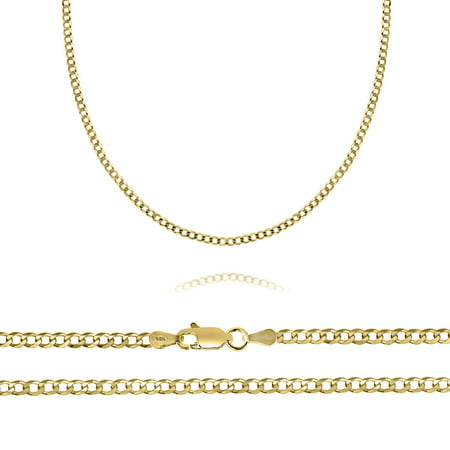 14K Solid Gold 2.5MM Curb Chain Necklace With Lobster Clasp, 16" - 24"