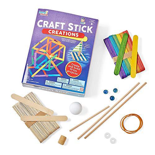 hand2mind craft stick creations, 10 science experiments, activity book for kids ages 9-12, jumbo craft stick kit with arts and crafts supplies, stem toys, colored popsicle sticks for stem activities