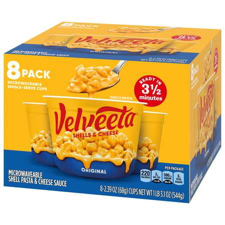 Velveeta Shells and Cheese Original Macaroni and Cheese Cups Easy Microwaveable Dinner, 8 ct Pack, 2.39 oz Cups, NA, NA