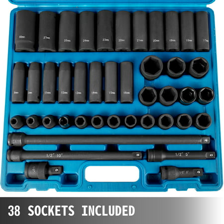 VEVOR Impact Socket Set 1/2 inches 43 Piece Impact Sockets, Standard Socket Assortment, 1/2 inches Drive Socket Set 6-Point Sockets Metric 9-30 mm (Standard/Deep)